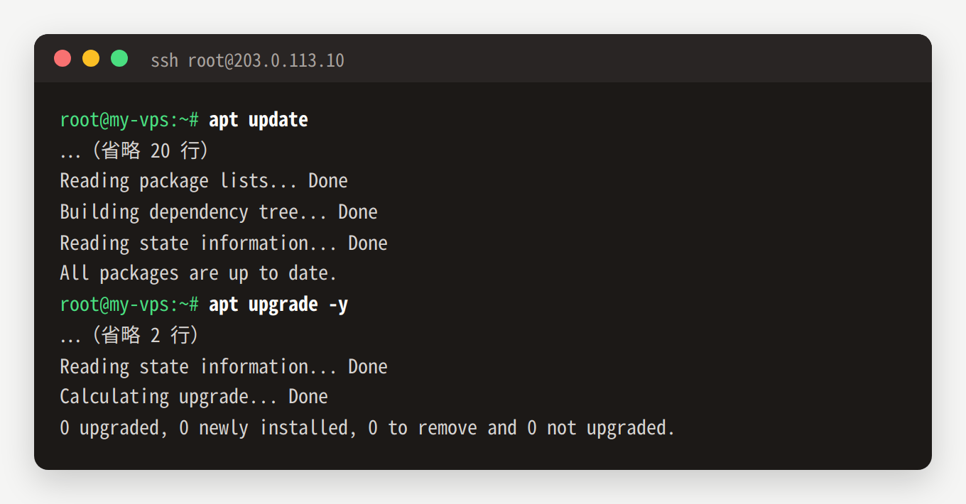 在 VPS 上运行 apt update 和 apt upgrade，提示所有软件已是最新