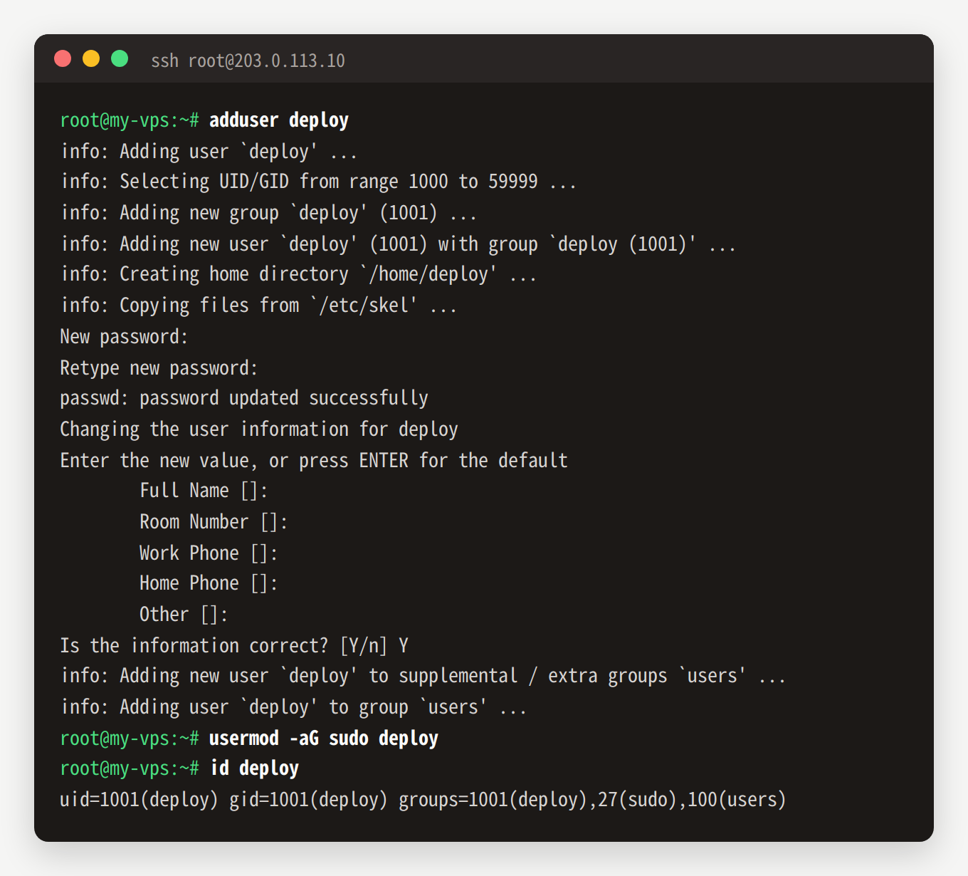 adduser deploy 创建用户，usermod 加入 sudo 组，id deploy 显示已在 sudo 组