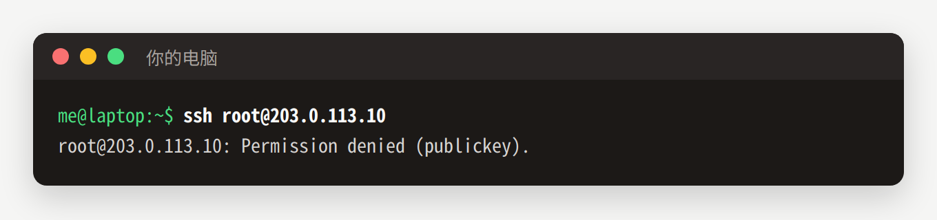 在自己电脑上 ssh root@203.0.113.10 被拒绝:Permission denied (publickey)