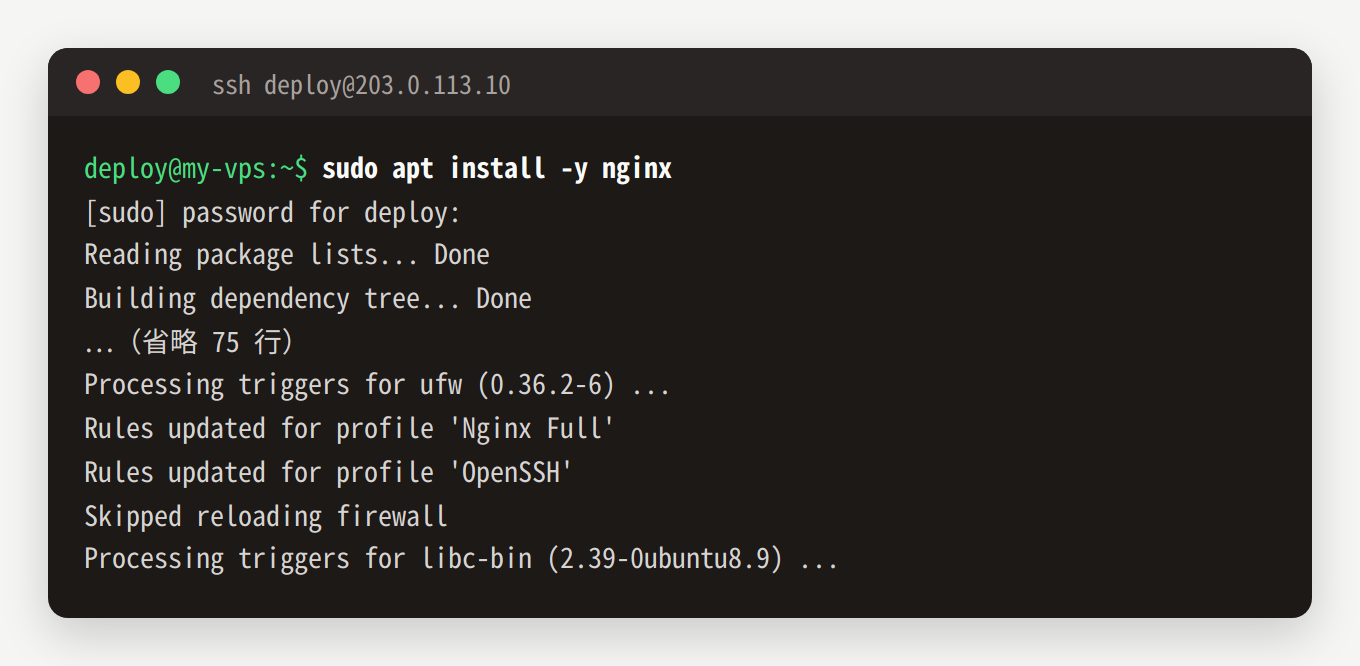 在 VPS 上运行 sudo apt install -y nginx 的输出
