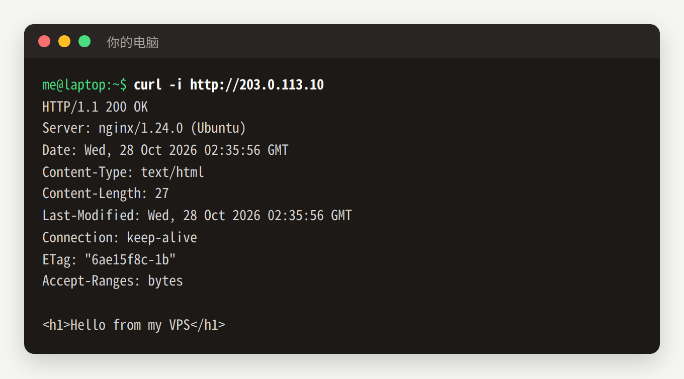 在自己电脑上 curl -i http://203.0.113.10，返回 HTTP 200 和 Hello from my VPS