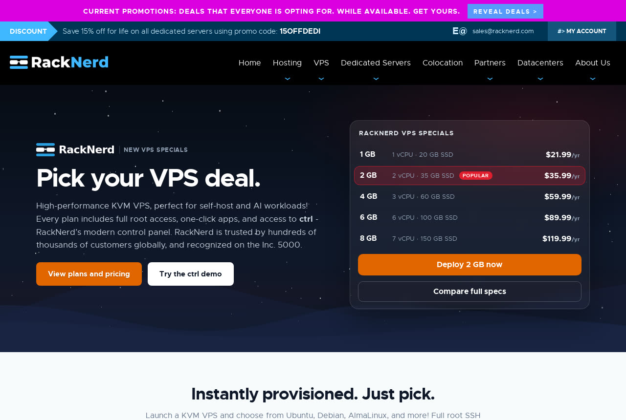 RackNerd 官网 VPS Specials 页面，8 GB 套餐 $119.99/年